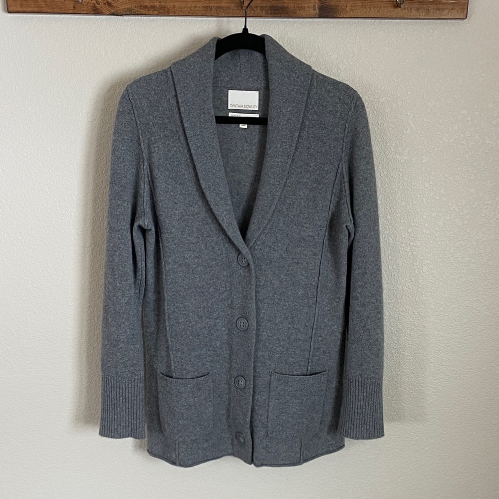 Cynthia Rowley 100% 2-Ply Cashmere Shawl Collar Cardigan Sweater L Gray Cozycore
